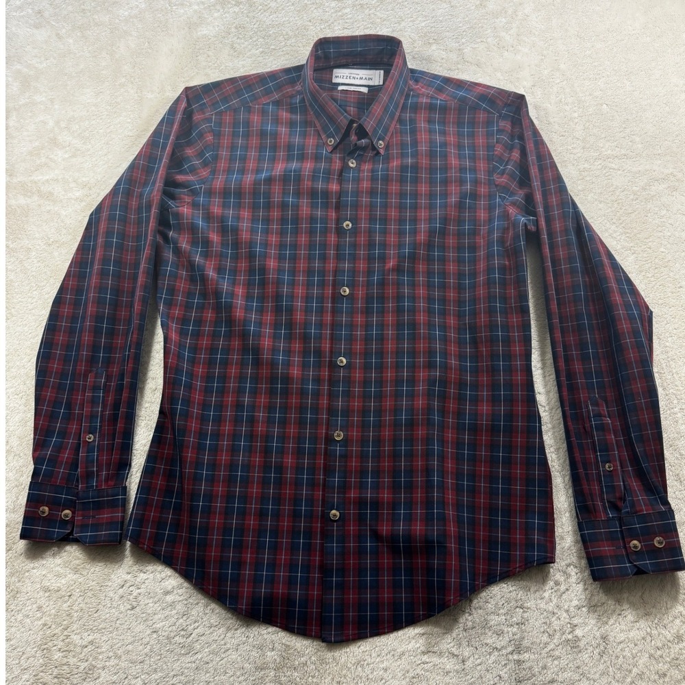 Mizzen+Main‎ Mens Leeward Trim Fit Plaid Maroon Navy Dress Shirt Large